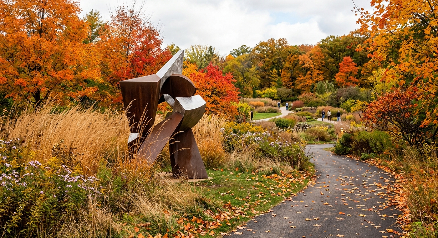 a modern metal sculpture nestled among tall prairie grasses and bright orange autumn foliage in a public botanical garden, winding paved pathways scattered with