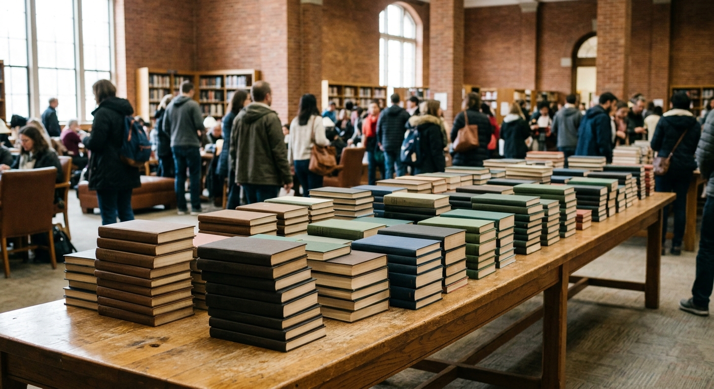 stacks of closed, unmarked books resting on a long wooden display table, with a softly blurred background showing a crowd of everyday people mingling in a spaci