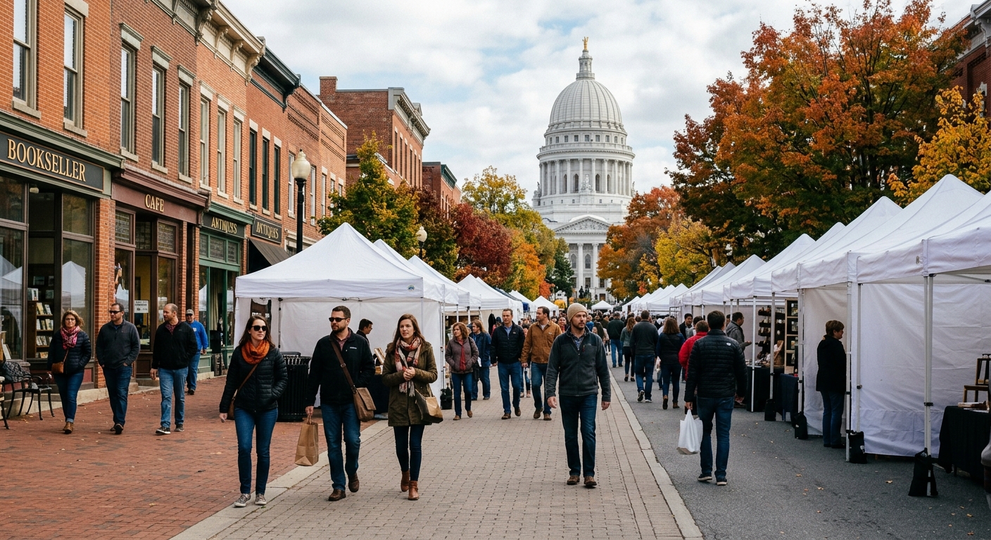 pedestrians walking among small white outdoor event tents on a paved avenue lined with autumn trees and brick storefronts, a classic white stone capitol buildin