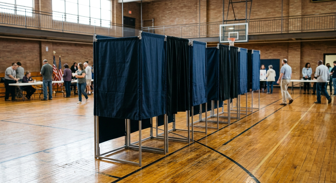 a row of blank privacy voting booths set up on a varnished wooden floor inside a local school gymnasium, representing a Midwestern polling location, natural eve