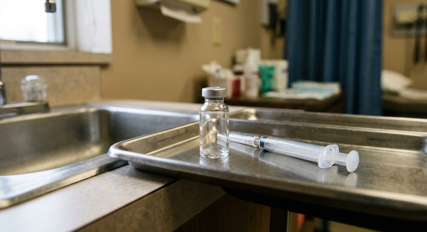 a small clear glass medical vial and a sterile syringe resting on a stainless steel medical tray inside a typical Midwestern health clinic room, natural everyda