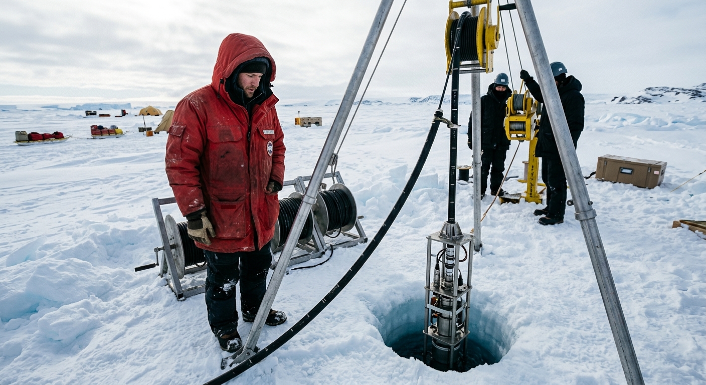 thick black cables and scientific sensor equipment being lowered into a deep borehole in a vast expanse of snow and ice, a researcher in a heavy cold-weather pa