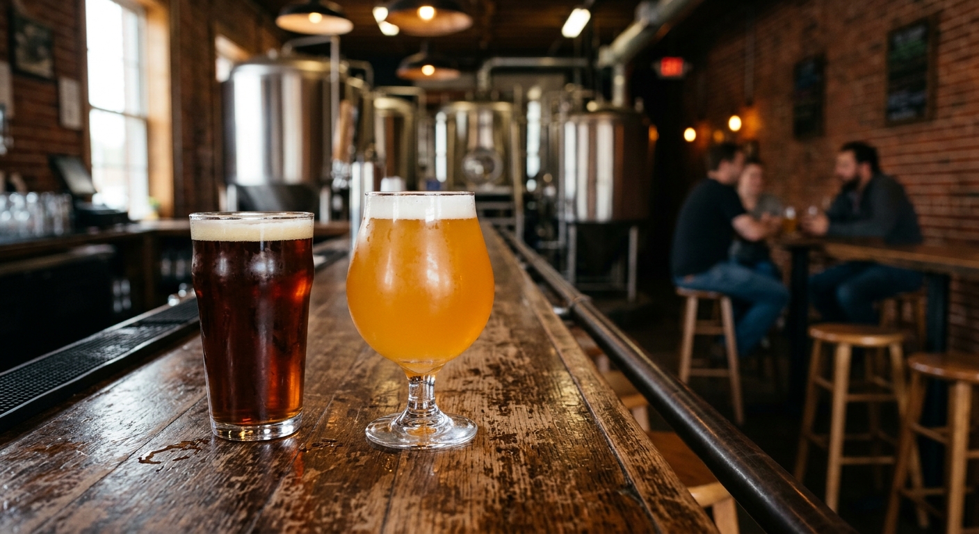 two glasses of craft beer, one a hazy pale ale and the other a dark amber, resting on a rustic wooden bar counter inside a cozy local midwestern brick-walled ta