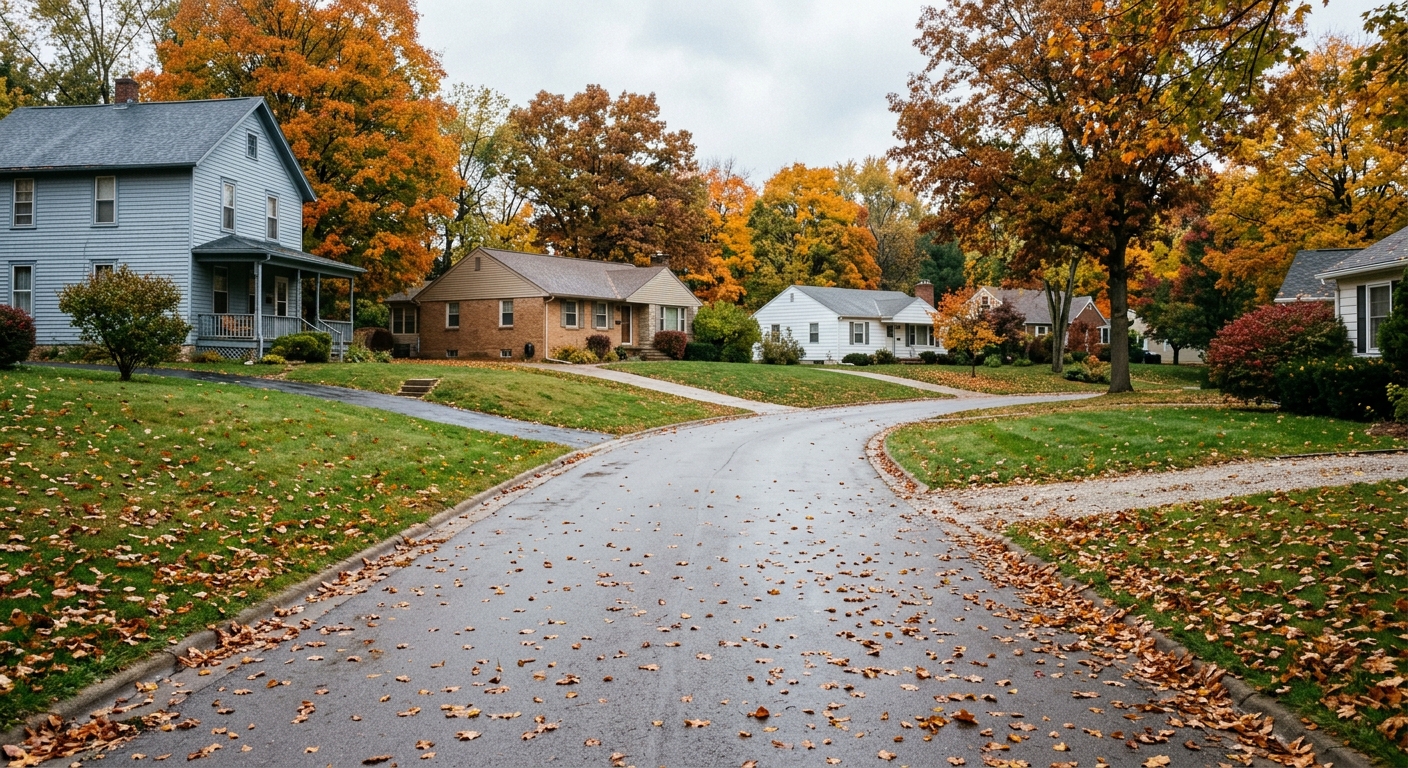 a quiet residential street in a Midwestern neighborhood lacking sidewalks, where grassy front lawns meet the paved road directly, scattered fallen autumn leaves