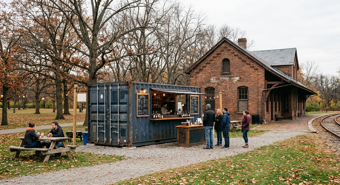 a repurposed shipping container transformed into a rustic outdoor beverage stand, situated next to an old brick train depot in a grassy community park with bare