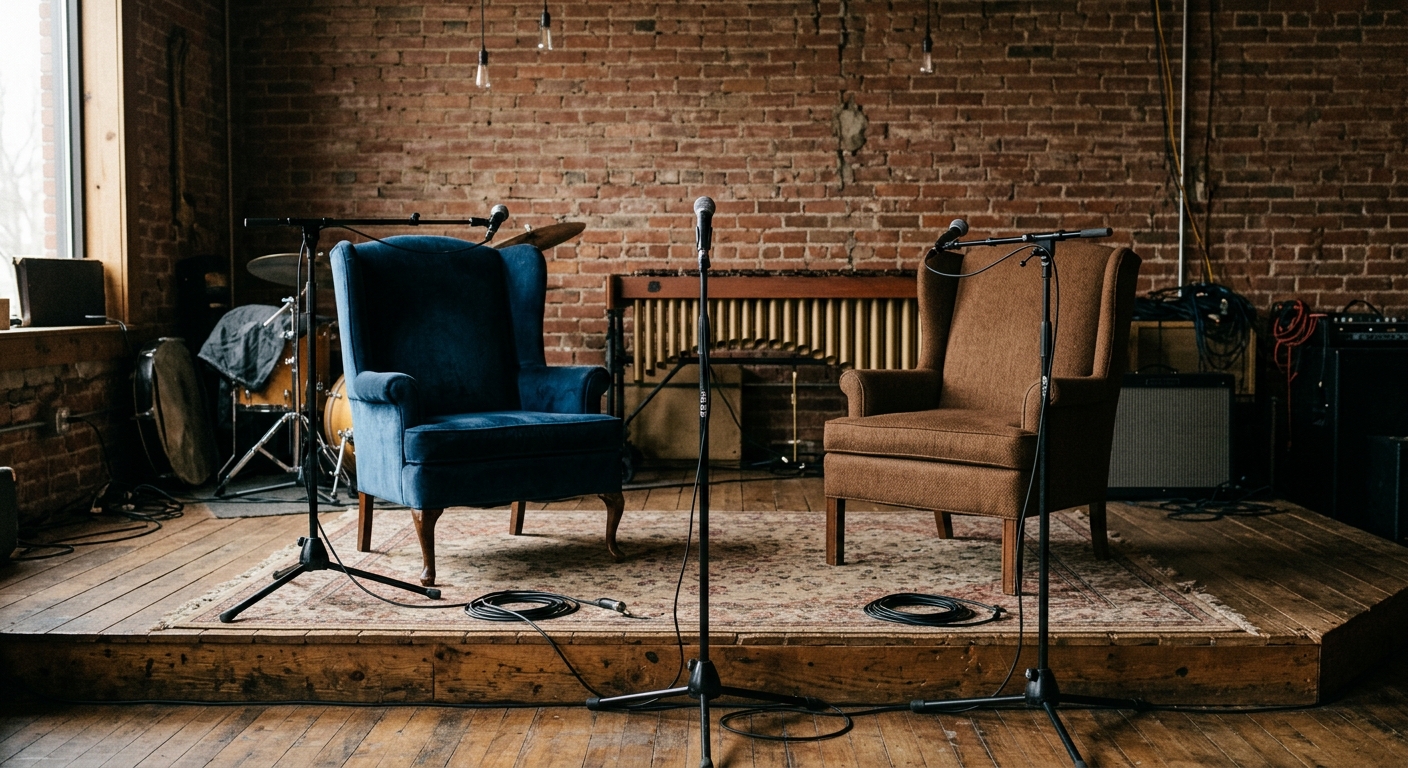 two empty armchairs and microphone stands set up on a small wooden stage inside a cozy, brick-walled Midwestern music venue, with a marimba instrument visible i