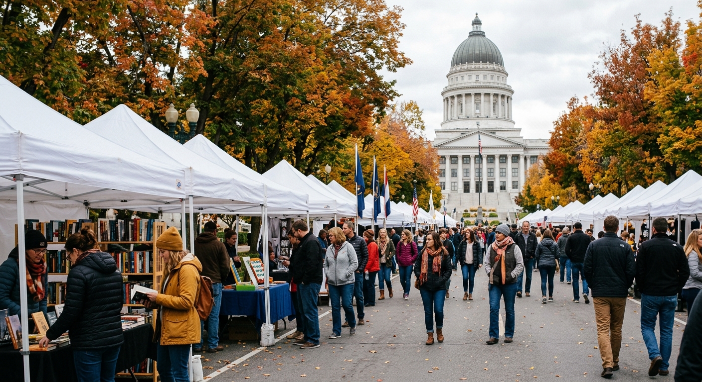 an autumn outdoor street festival near a large classical white stone capitol building, pedestrians in warm jackets browsing through books and interactive displa
