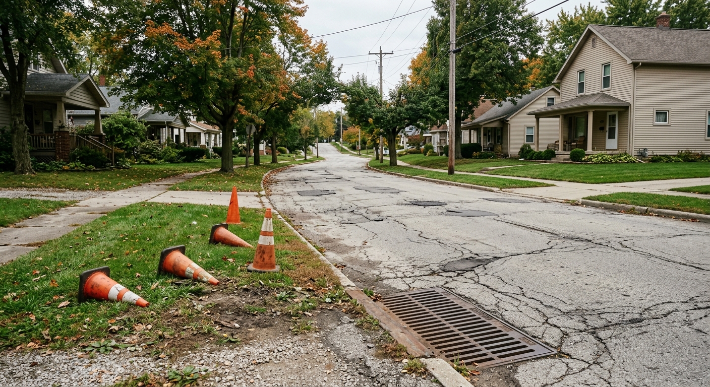 a weathered residential street with cracked asphalt and an old iron sewer grate, a few orange traffic safety cones resting on the grass shoulder near modest sin