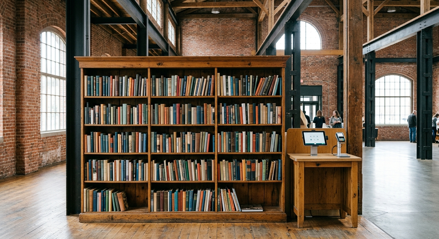 a wooden self-service book kiosk filled with rows of hardcover and paperback books, set up inside a spacious, revitalized industrial brick building with exposed