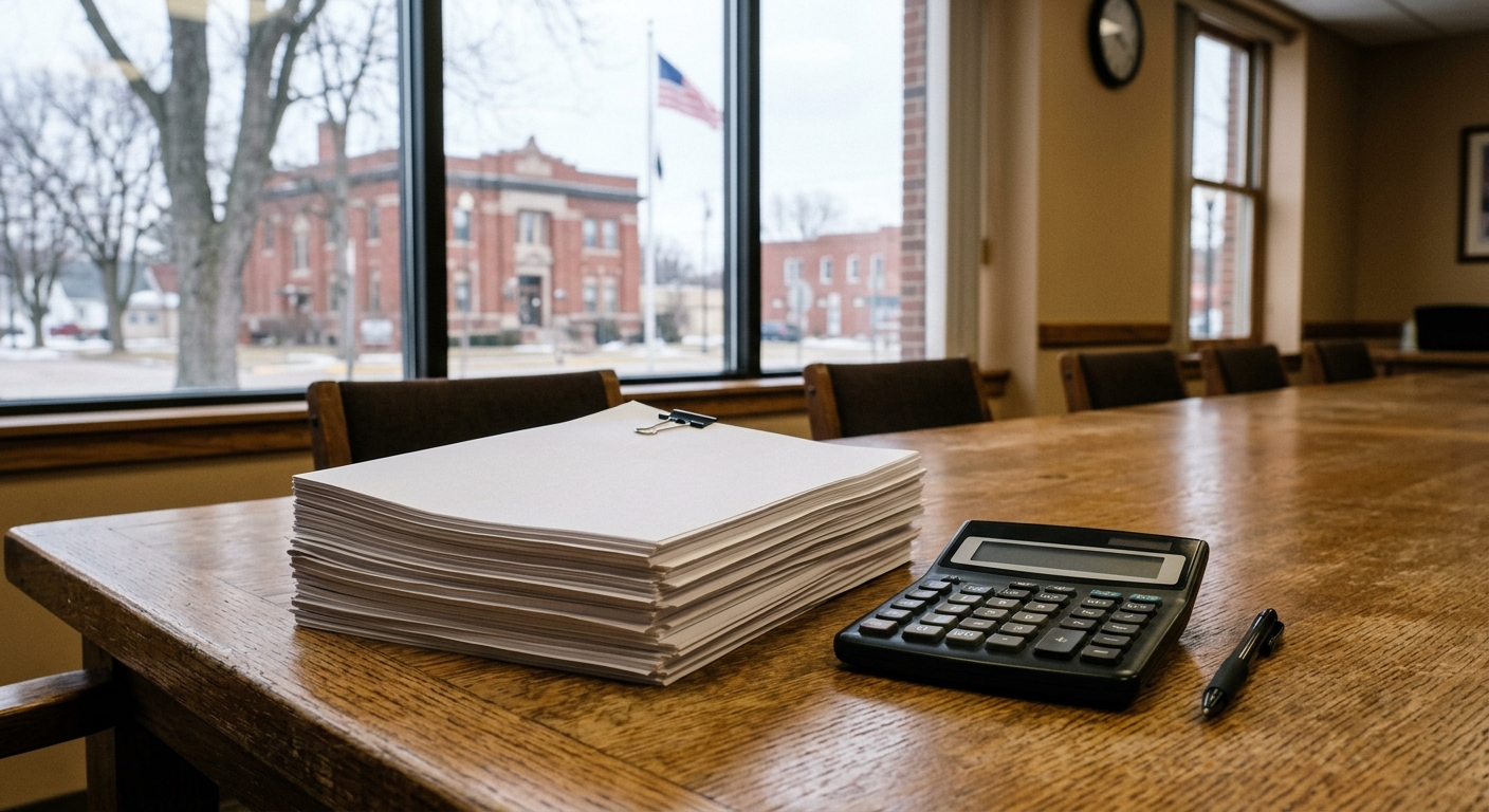 a thick stack of printed financial reports, an unbranded calculator, and a pen on a large wooden conference table inside a municipal meeting room, with large wi