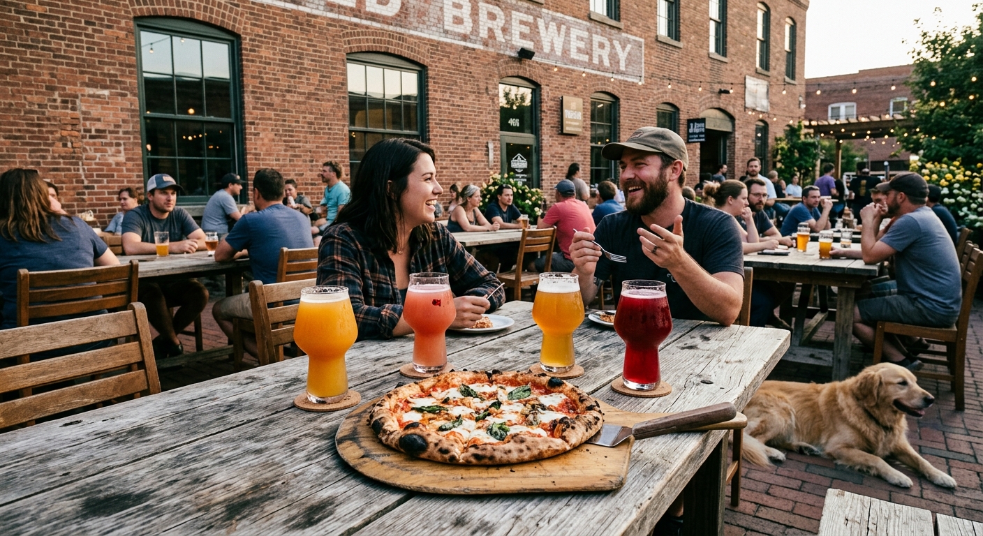 a rustic wooden table holding glasses of hazy, fruit-infused craft beer and a freshly baked pizza, with a lively outdoor taproom patio in the background featuri