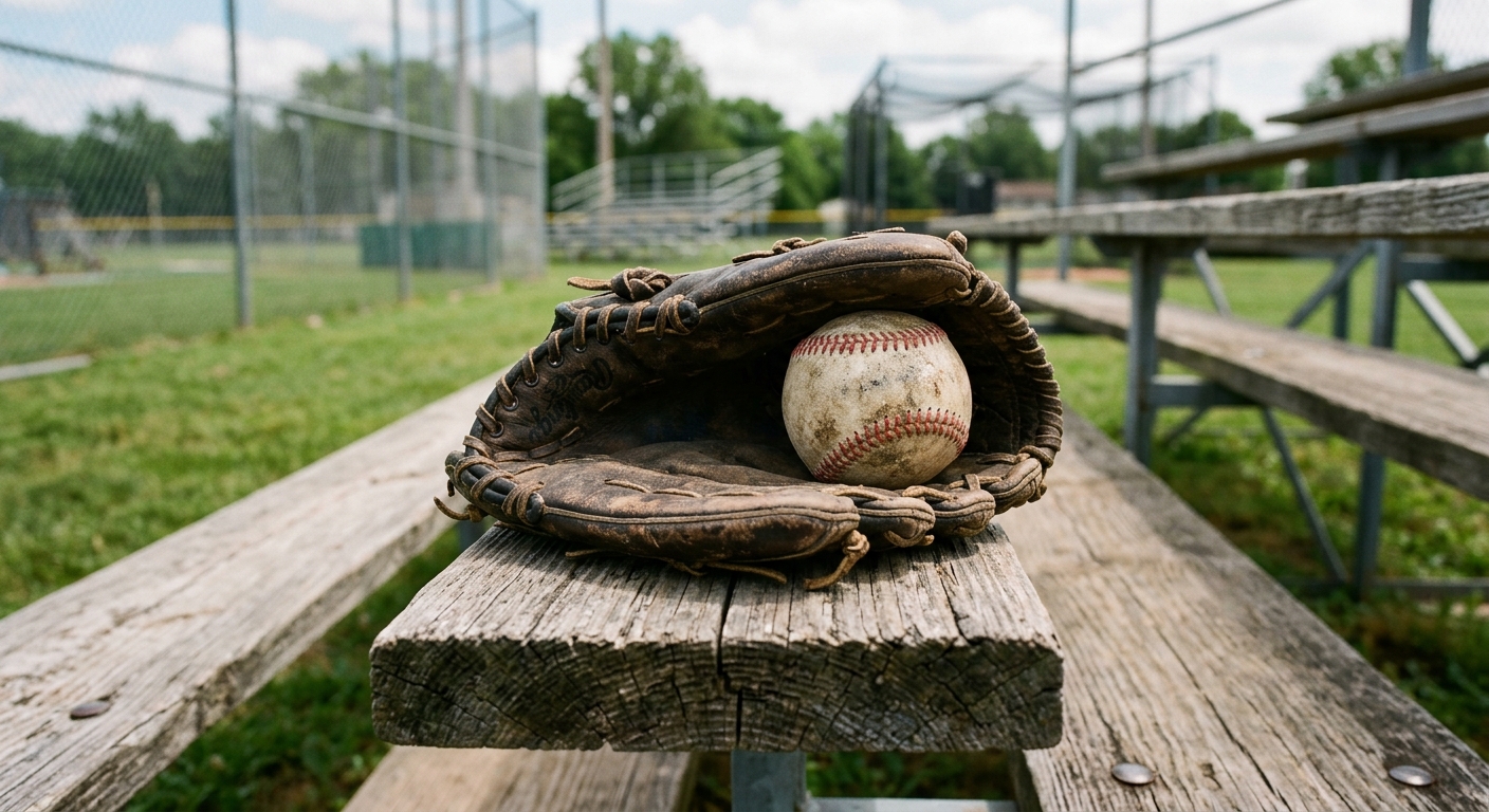 a well-worn leather baseball glove and a scuffed baseball resting on a weathered wooden bleacher seat at a local community ballpark, with a softly blurred backg