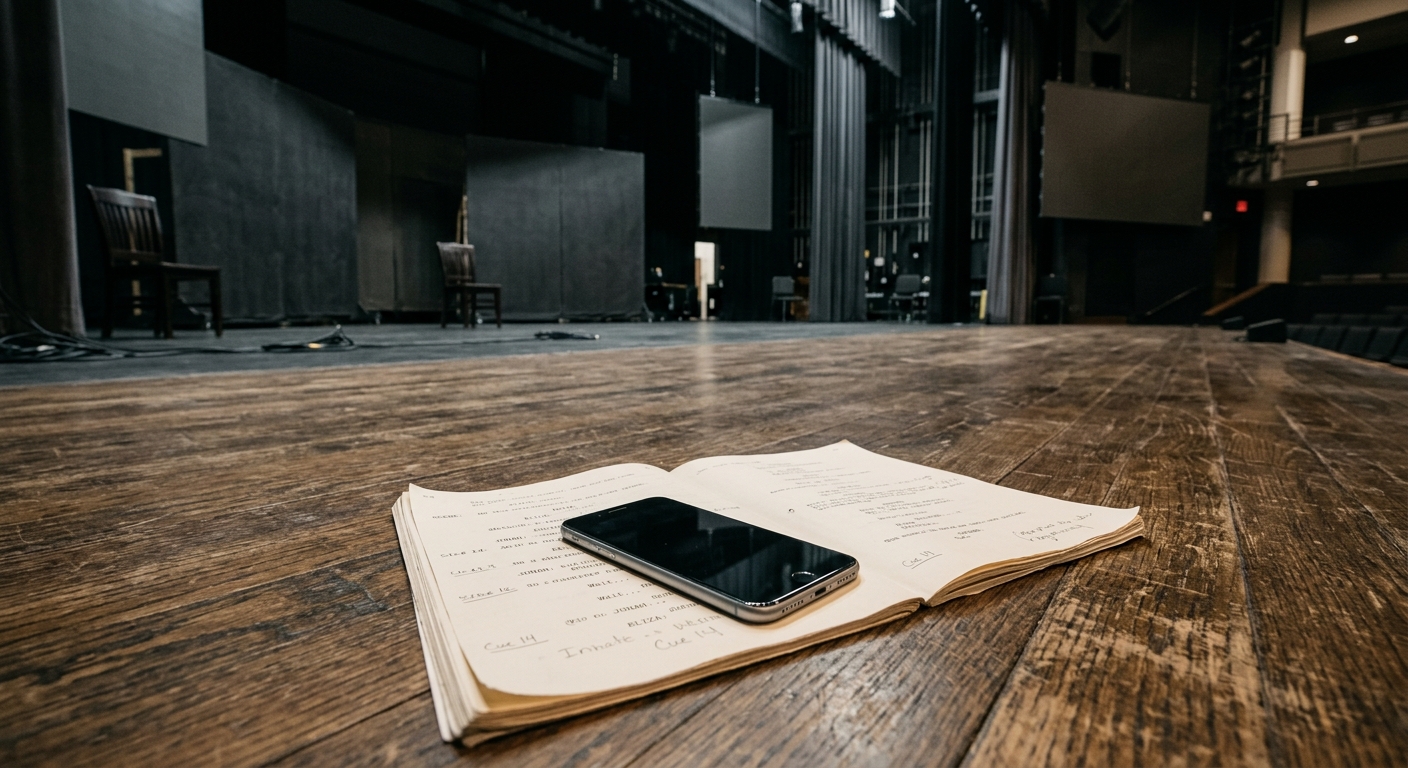 a blank smartphone resting on an open script on a wooden theater stage floor, with large, dark video screens and a minimalist set in the background of a univers