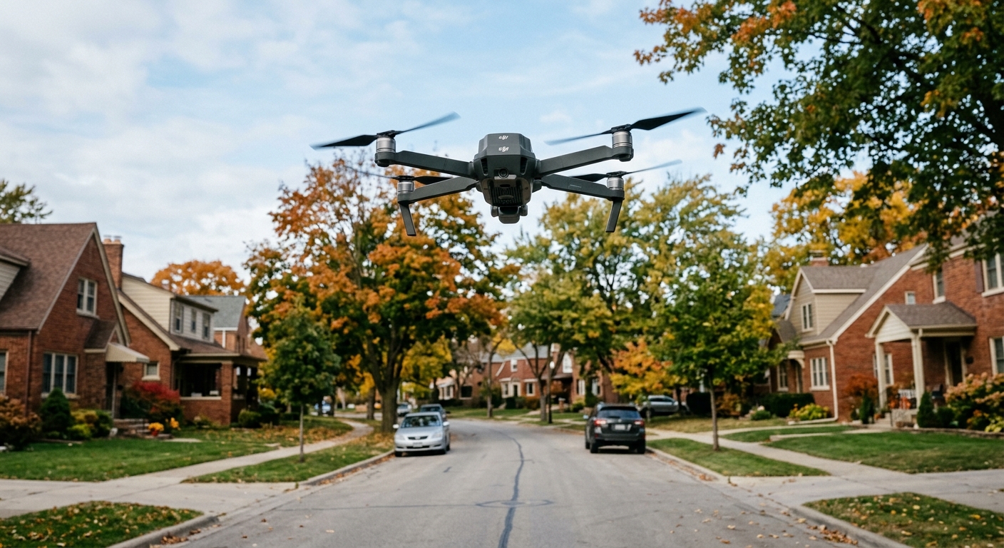 a dark gray quadcopter drone hovering mid-air above a suburban Midwestern street lined with brick houses and deciduous trees, natural everyday lighting, shot on
