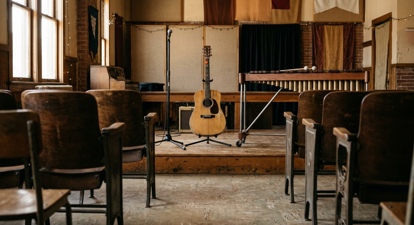 an acoustic guitar and a wooden marimba resting on a small wooden stage in a local community arts center, with a row of empty chairs in the foreground indicatin