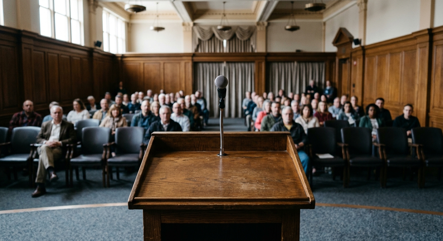 a wooden public speaking podium with a single microphone in a municipal city council chamber, out-of-focus citizens sitting in rows of chairs in the background,