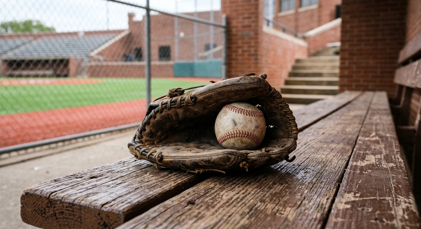 a weathered baseball and a leather fielder's glove resting on a wooden dugout bench, with an out-of-focus background showing a green baseball diamond and brick