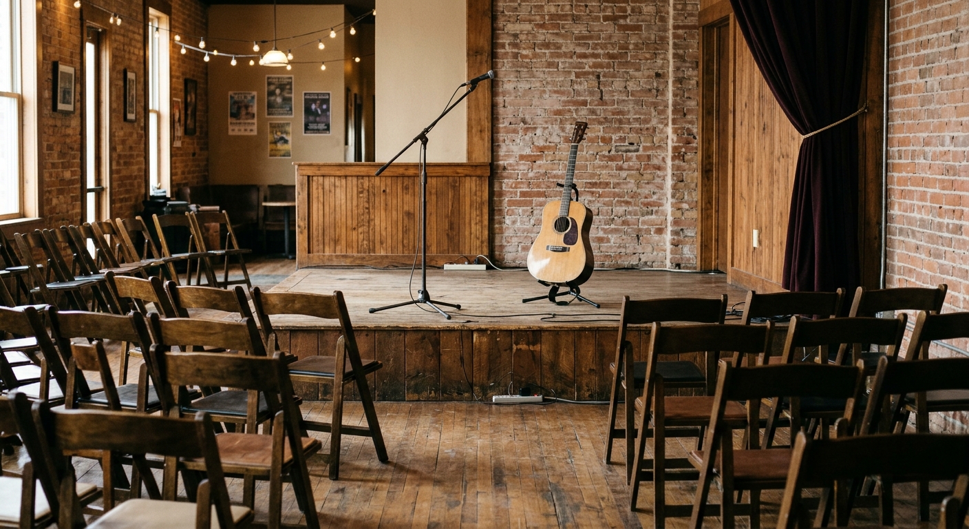 an empty wooden stage in a cozy local event venue, featuring a microphone stand and an acoustic guitar resting on a stand, exposed brick walls, and scattered em