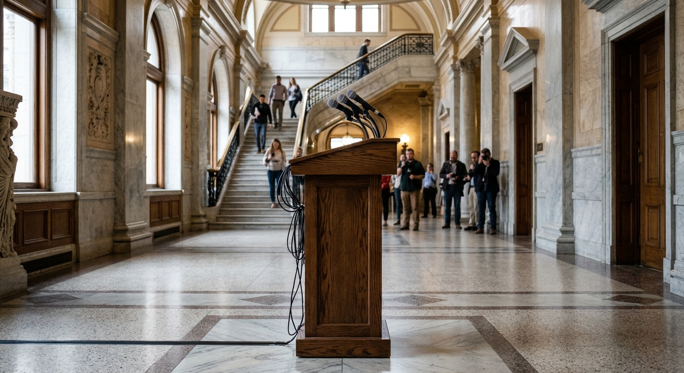 a wooden political campaign podium with microphones set up in the marble hallway of a midwestern state capitol building, natural everyday lighting, shot on a DS