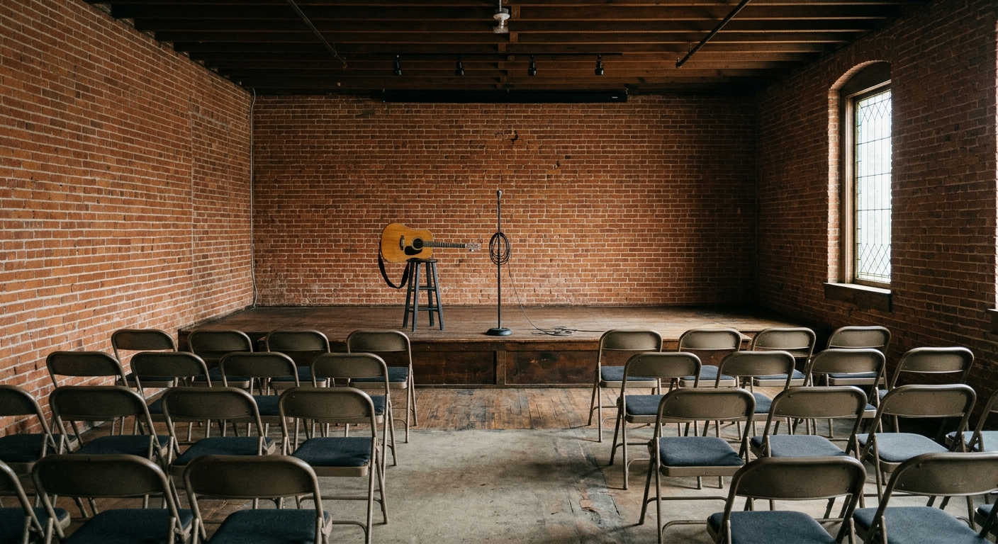 the interior of a modest, brick-walled live arts venue in the Midwest, featuring an empty wooden stage with a single microphone stand and an acoustic guitar res
