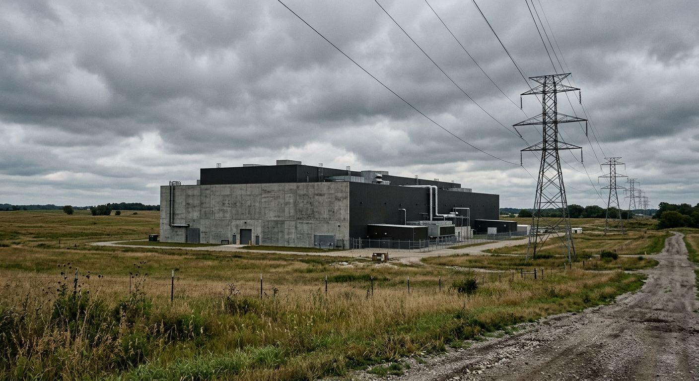 a large, windowless industrial data center building situated in a grassy Midwestern field with tall electrical transmission towers and power lines nearby under
