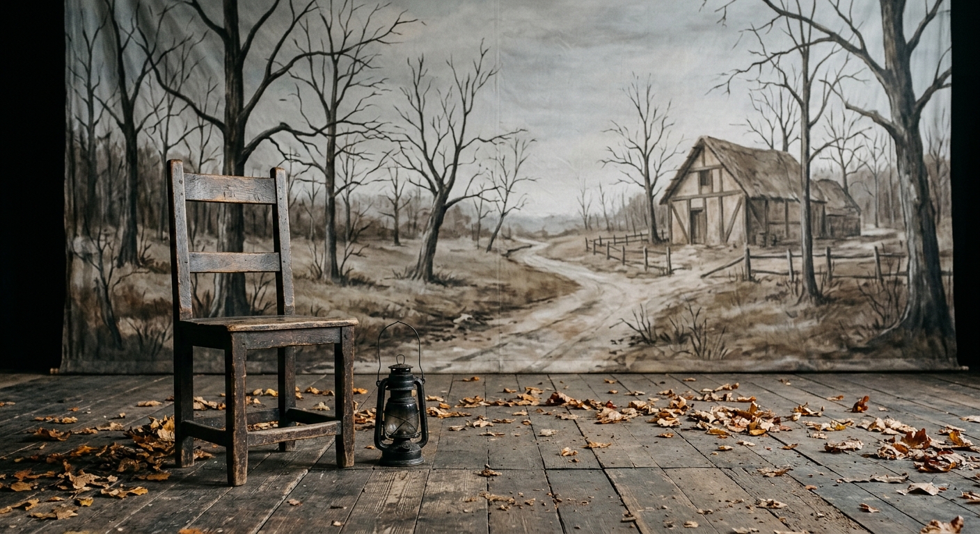 a minimalist theatrical stage set depicting a 17th-century rural village, featuring a weathered wooden chair, an antique lantern, and scattered autumn leaves on