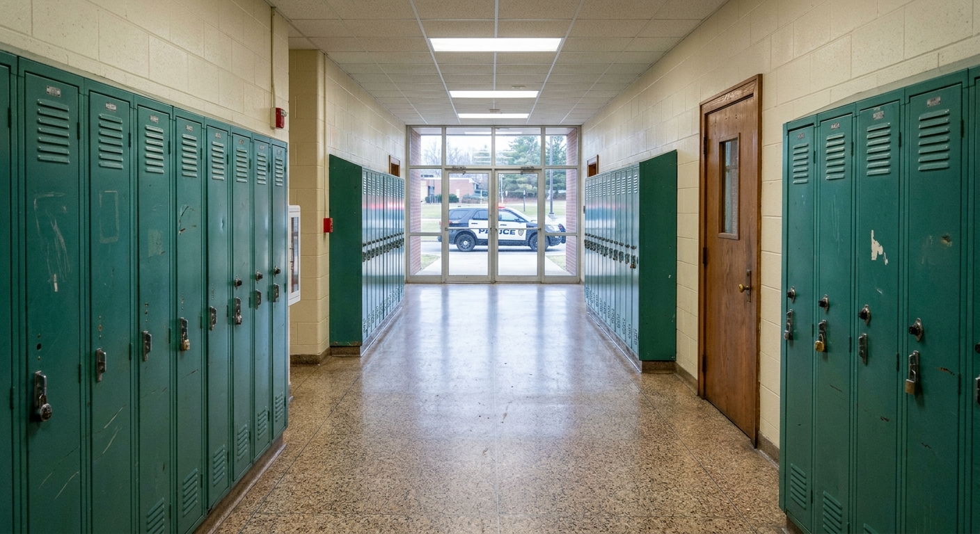 an empty high school hallway with rows of scuffed metal lockers and a closed administrative office door, with a police vehicle parked outside the glass entrance