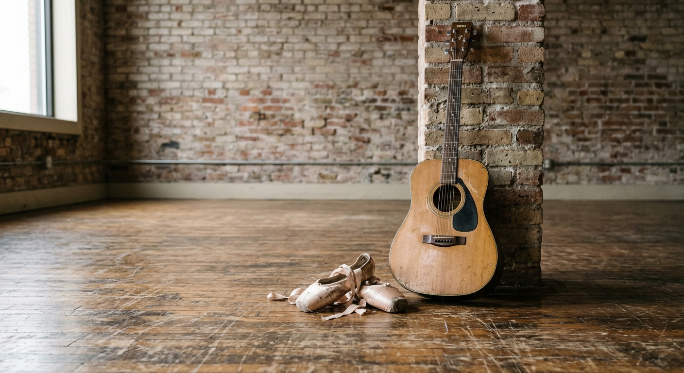 a pair of worn ballet shoes and a wooden acoustic guitar resting on a scuffed hardwood floor against an exposed brick wall in a spacious rehearsal studio, natur