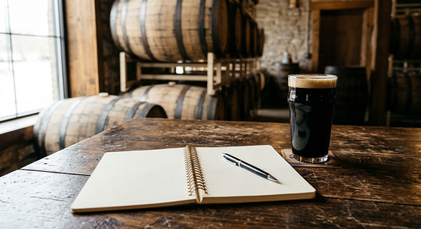 an open notebook, a pen, and a glass of stout beer on a wooden table, with large oak aging barrels in the background of a midwestern craft brewery, natural ever