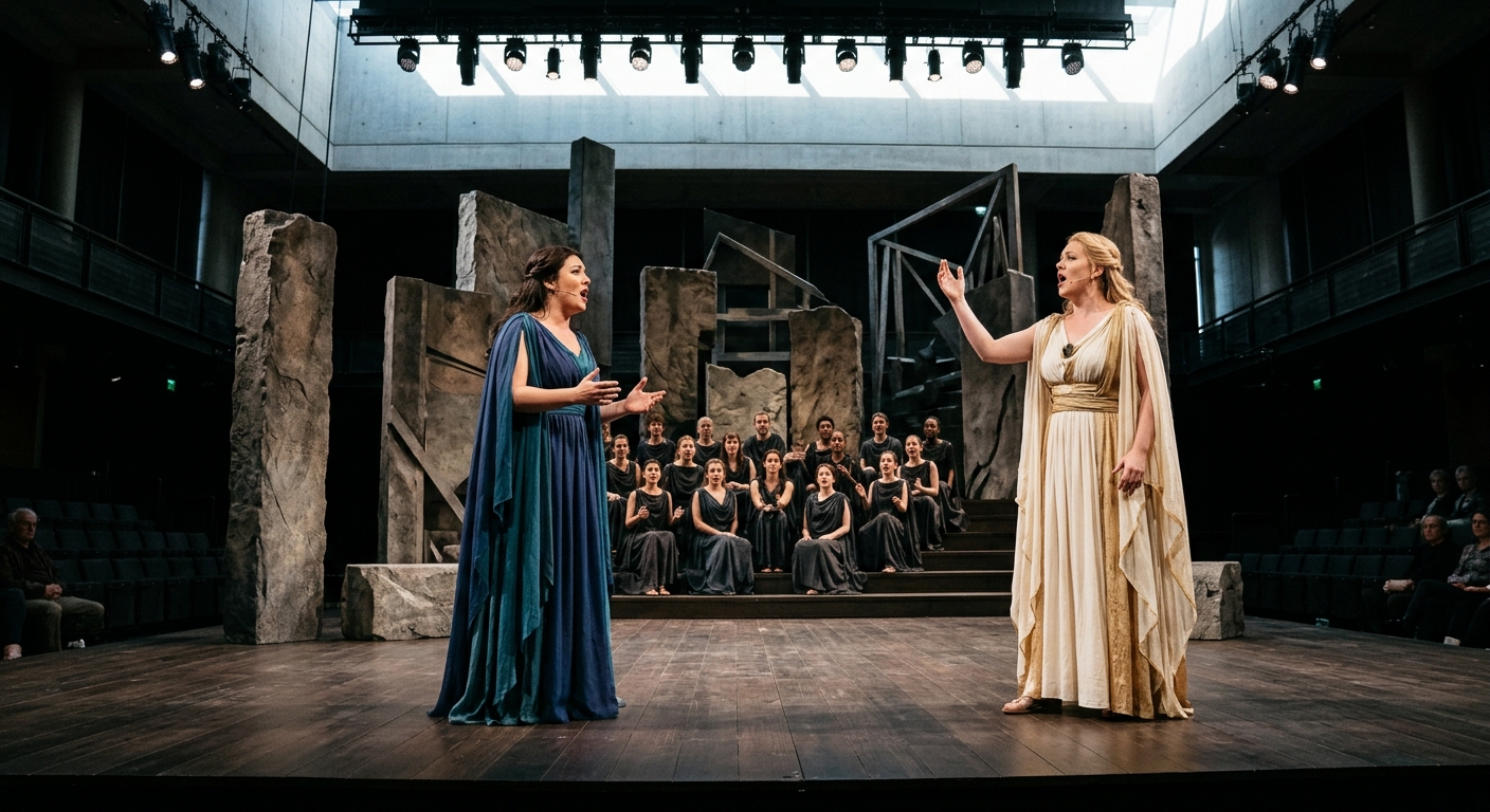two female opera singers in flowing classical robes performing a duet on a spacious modern theater stage, standing amidst a minimalist ritual-themed set design